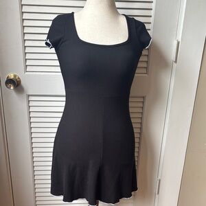 See you Monday black with white trim mini dress